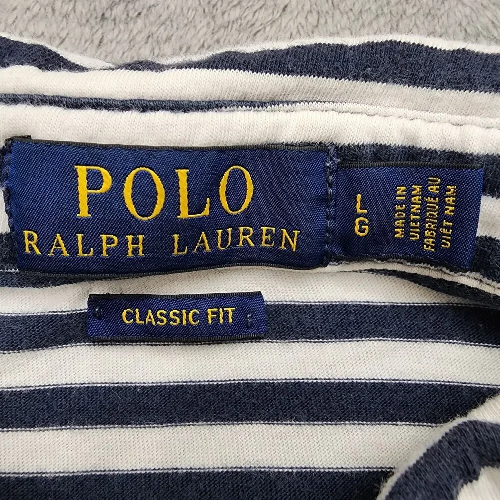 Polo Ralph Lauren Mens L Classic Fit Navy And White Striped Pocket 100% Cotton